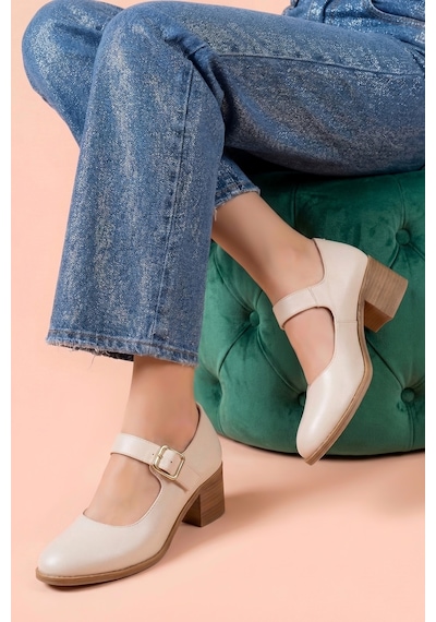Analin Shoes Kadın Hakiki Deri Tokalı Günlük Kalın Topuklu Ayakkabı Krem