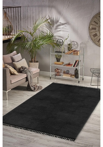 Vl Comfort Puffy Ponpon Saçak Peluş Yıkanabilir Siyah Yolluk Düz Ponpon Siyah