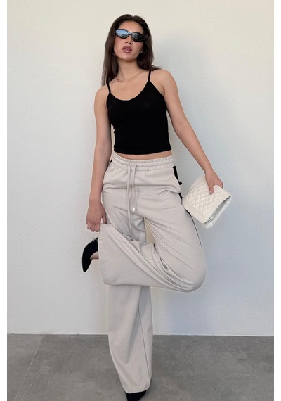Madmext Bej Şerit Detaylı Bol Paça Kadın Pantolon Mg2441 Bej