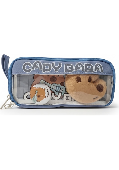 Capybara Desenli Geniş Leke Tutmaz Kalemlik - Peluş Bir Broş Ve Peluş Oyuncak Hediyeli Mavi