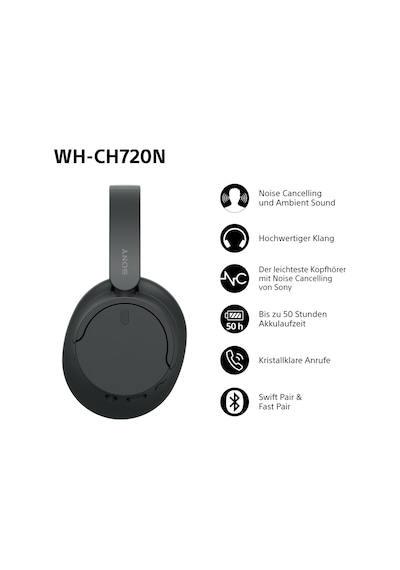 Gürültü Engelleme Özelliğine Sahip Sony Wh-ch720n Kablosuz Bluetooth Kulaklık - 35 Saate Kadar Pil Ömrü Ve Hızlı Şarj İşlevi - Siyah