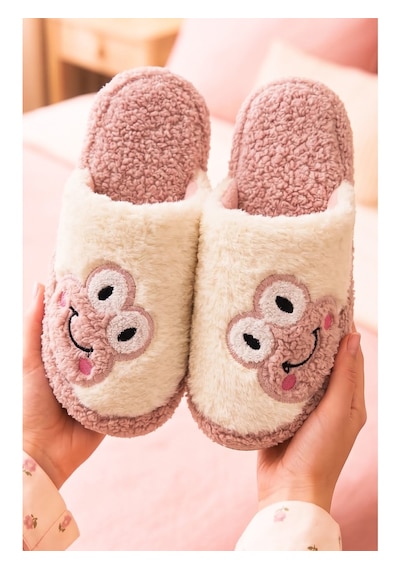 Modafocus Sevimli Kurbağa Desenli Peluş Kadın Ev Terliği Hediyelik Terlik Çeyiz Terliği Pembe