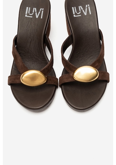 Luvi Shoes Caterına Kahverengi Süet Hakiki Deri Tokalı Kadın Dolgu Topuklu Terlik
