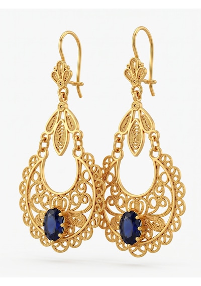 925 Ayar Gümüş Geleneksel Telkari İşlemeli Gold Safir Taşlı Sallantılı Küpe