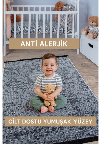 Badelya Home Gri Şönil Makinada Yıkanabilir Kaymaz Taban Saçaklı Pamuklu Halı Kilim Oturma Odası Salon Mutfak