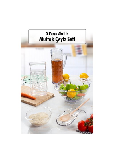 Akrilik Şeffaf 5 Parça Sürahi & Rende & Süzgeç & Mini Süzgeç & Kaşıklık & Mutfak Çeyiz Seti Şeffaf