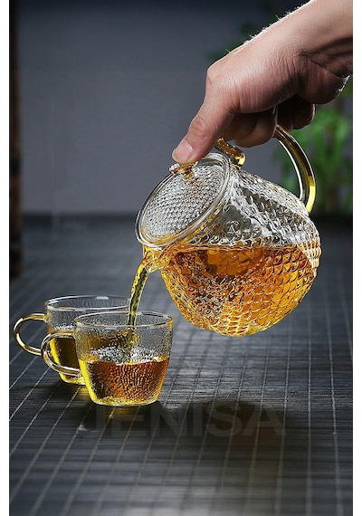Modern Cam Demlik 550 Ml - Isıya Dayanıklı, Cam Süzgeçli Ve Altın Kulplu Çay Keyfi Şeffaf