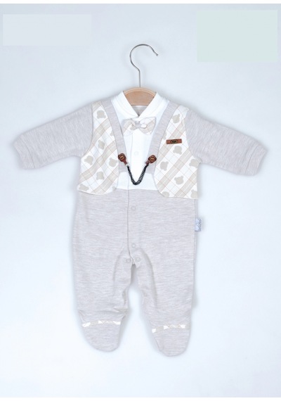Lamato Baby Ayı Baskı Yelekli Zincirli Bebe Erkek Tulum Bej