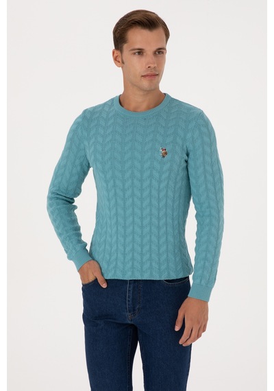 U.S. Polo Assn. Erkek Slim Fit Bisiklet Yaka Desenli Mint Kazak 50307836-VR152