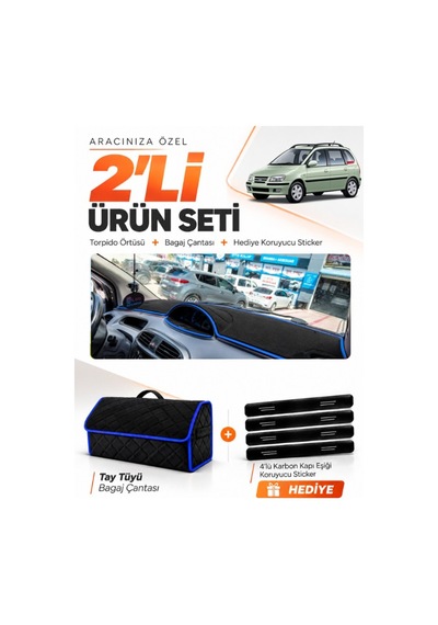 E-biz Hyundai Matrix 2001-2010 Uyumlu Torpido Örtüsü + Tay Tüyü Bagaj Çantası - Siyah-mavi - Hu024