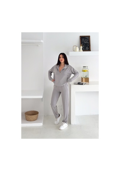 Gugus Kadın Yarım Fermuarlı Model Beli Lastikli Dar Paça Eşofman Takımı Gri