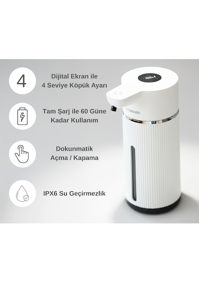 Evo House Otomatik Sensörlü Köpük Sıvı Sabunluk - Şarjlı- Dijital Led Ekran - Duvara Monte - E15 Model Beyaz