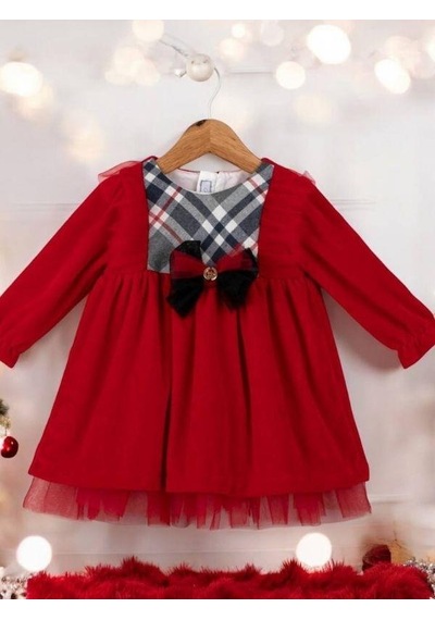 Cantoy Kız Bebek Ekose Desenli Kırmızı Kadife Tasarım Elbise-15221 Kırmızı