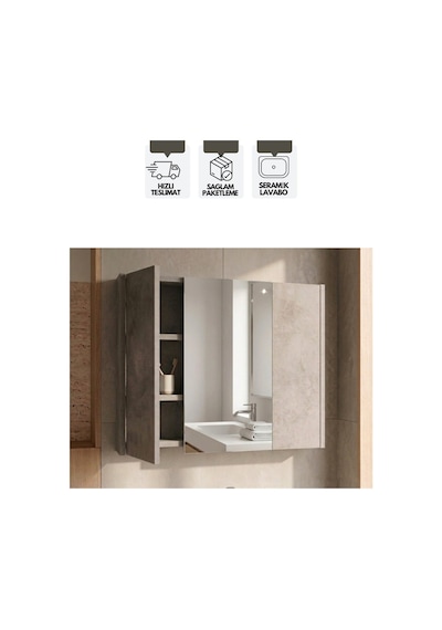 Retro 80 Cm Lavabolu, Aynalı Banyo Dolabı, Retro Gümüş-beyaz, Seramik Lavabo Dahil