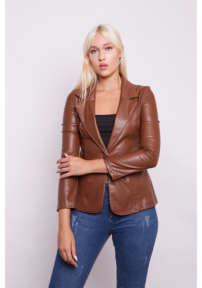 Ekolojik Suni Deri Yakalı Uzun Kol Cepli Blazer Ceket-taba Taba