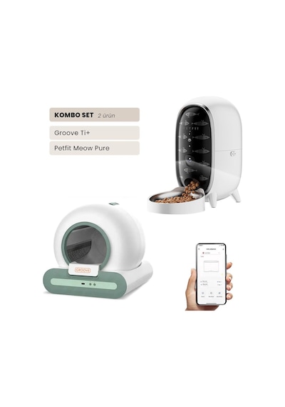 Groove Ti+ Wi-fi Akıllı Otomatik Kedi Tuvaleti Yeşil + Petfit Meow Pure 3l Wi-fi Kameralı Akıllı Otomatik Mama Kabı Besleme Ünitesi Bundle