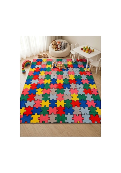 Renkli Puzzle Desenli Çocuk Odası Halısı Kaymaz Taban Eğlenceli Oyun Halısı Çok Renkli