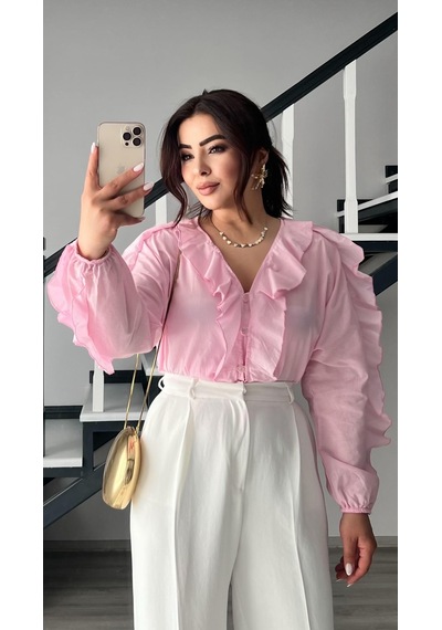 Orijinal Marka Pembe Fırfırlı Gömlek Pembe