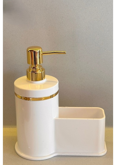Makri Home Mutfak Veya Banyo İçin Şık Altın Rengi Detaylı Süngerlikli Sıvı Sabunluk , Yerli Üretim Beyaz