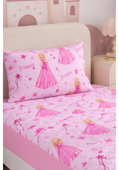 Prenses Desen Tek Kişilik Kapitone Fitted Su Sıvı Geçirmez Yatak Alezi Seti 1 Adet Yastık Kılıflı Pembe