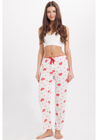 Tudors Kadın Regular Fit Klasik Kesim Viskon Beli Lastikli Fiyonk Detaylı Baskılı Beyaz Pijama Altı-51008