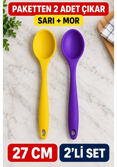 2'li Set Sarı Mor Büyük Boy Silikon Kaşık 27 Cm Mutfak Yemek Pişirme Ve Servis Kaşığı İki Renkli Set