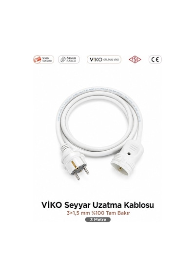 Viko Seyyar Uzatma Kablosu 3m 3 Metre 3x1.5 Mm %100 Bakır Öznur Kablo Viko Erkek Dişi Fiş Klemens Terminalli Topraklı Tse Ce Belgeli 3 M