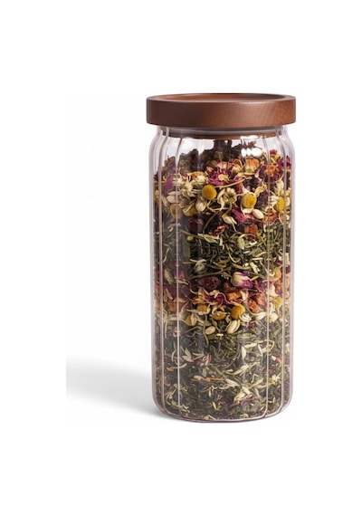 Akasya Kapaklı Çizgili Cam Kavanoz 1000ml /1 Litre Hava Geçirmez, Modern Fitilli Tasarım Gı Tek Renk