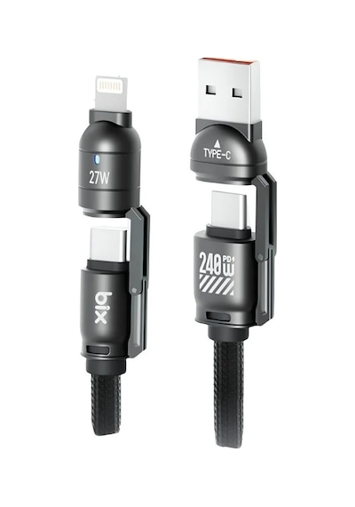 Bix 240w Usb-a Ve Usb-c Ve Lightning Çok Fonksiyonlu Askı İpli Premium Örgü 1.5 Metre Yüksek Hızlı Şarj Ve Veri Kablosu Siyah