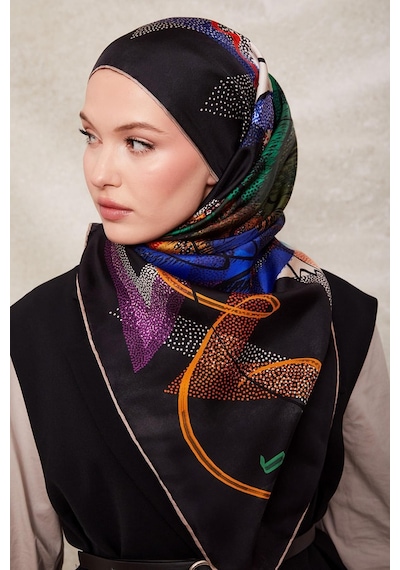 Levidor Karmaşık Desen Twill İpek Eşarp-0915 Koyu Lacivert