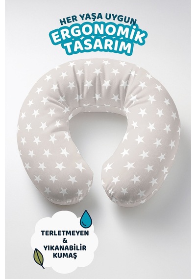 Yıldız Desenli Pamuklu Boyun Yastığı - Modern Açık Gri Beyaz Yumuşak Seyahat Yastığı Koyu Ayışığı Antrasit