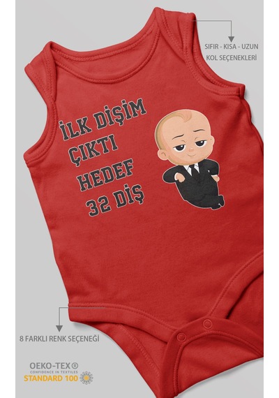 Morivokids İlk Dişim Çıktı Hedef 32 Diş Sıfır Kollu Bebek Body Kırmızı