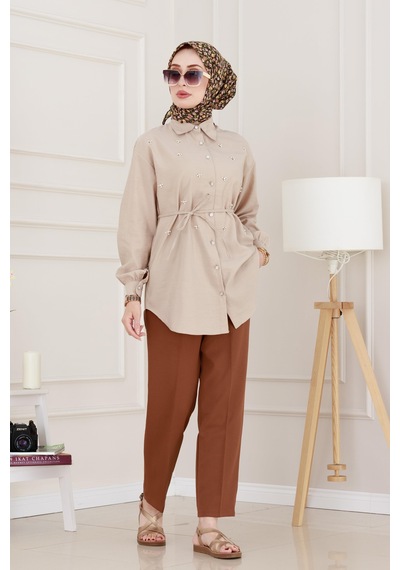 Sevitli Monako Yaka Taşlı Tunik-vizon-4962 Vizon