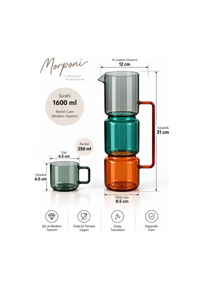 Morponi Otantik Desenli Cam Layers Trio Sürahi 1600 Ml 3 Adet Bardak Seti