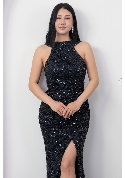Kalopya Halter Yaka Yırtmaçlı Pulpayet Elbise Ecr5482 Lacivert