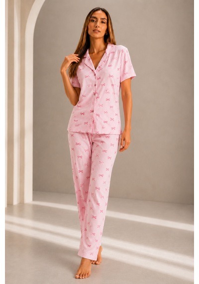 Kadın Kısa Kol Rahat Kalıp Şık Pembe Pijama Takımı