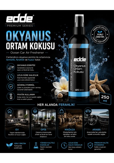 Edde Okyanus Kokulu Ferah Kalıcı Araba Araç Oto Kokusu Araç Içi Kokuları 250 Ml Oto Parfümü Oto Detailing 250ml
