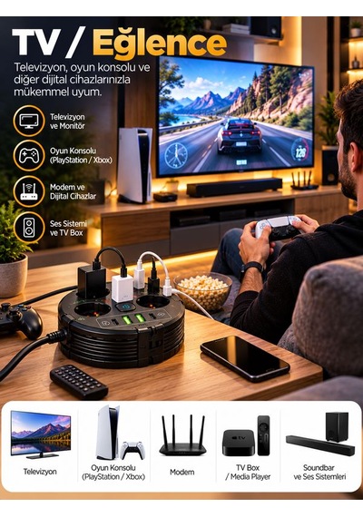 4'lü Akım Korumalı Çoklu Priz 2200w 1050j 2 Usb 2 Type-c 10a 2m Sarılabilir Kablolu 0.2 M