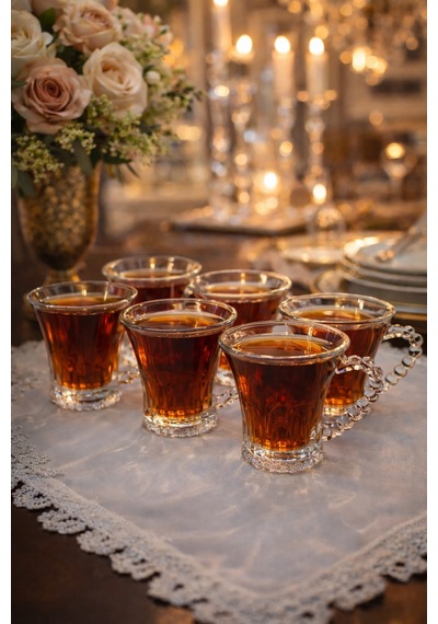 6 Lı Boncuk Kulplu Cam Bardak Seti 100 Ml, Yükseklik 8 Cm, Ağız Çapı 7,5 Cm Şık Tasarım Şeffaf