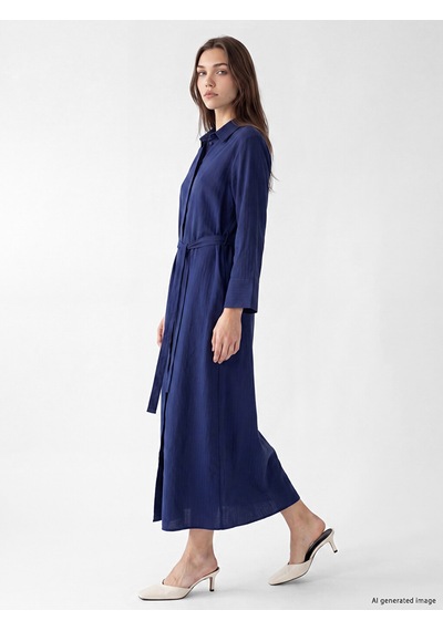 Lcw Modest Lacivert Beli Kuşaklı Modal Karışımlı Gömlek Elbise
