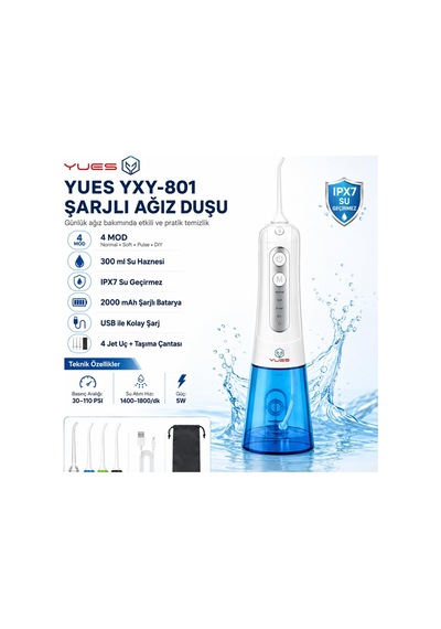 Yues Yxy-801 Şarjlı Ağız Duşu Ve Oral İrrigatör, 300 Ml Su Haznes