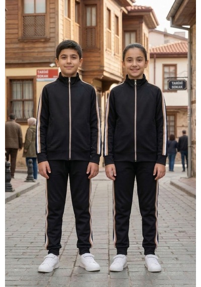Pina Kids Erkek Çocuk Dik Yaka Üç Şeritli Şardonlu Dalgıç Eşofman Takımı Bej - Siyah