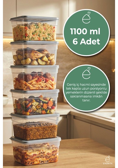 6 Adet 1100 Ml Saklama Kabı Seti Kapaklı Plastik Buzdolabı Düzenleyici Mikrodalga Uyum Renkli