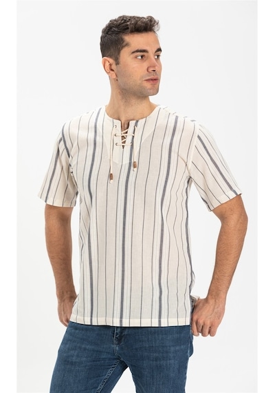Kısa Kol Şile Bezi Zımbalı Erkek Tshirt Ekru Gri Çizgili 3028