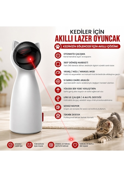 Hpytech Otomatik Lazer Kedi Oyuncağı Hpytech Lazer Işıklı Kedi Oyuncağı 5 Hareket Seviyesi Usb & 4 Aa Pil Destekli Manuel Modlu İnteraktif Kedi Oyuncağı