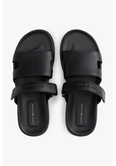 Tommy Hilfiger Erkek Ayarlanabilir Premium Siyah Deri Sandalet-13409 Siyah