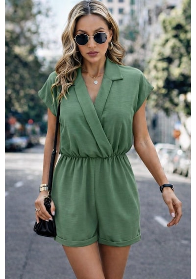 Efnaz Style Kadın Kısa Kollu Kruvaze Yakalı Kısa Tulum Yesil
