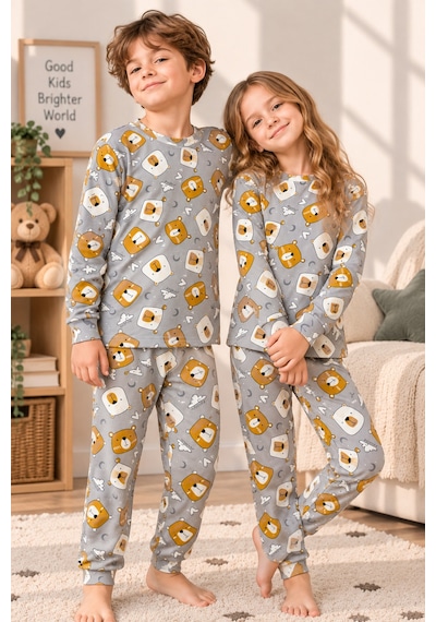 Free Beka Sevimli Desenli Bisiklet Yaka %100 Pamuklu İnterlok Kumaş Kız Ve Erkek Çocuk Uzun Kollu Pijama Takımı Gri