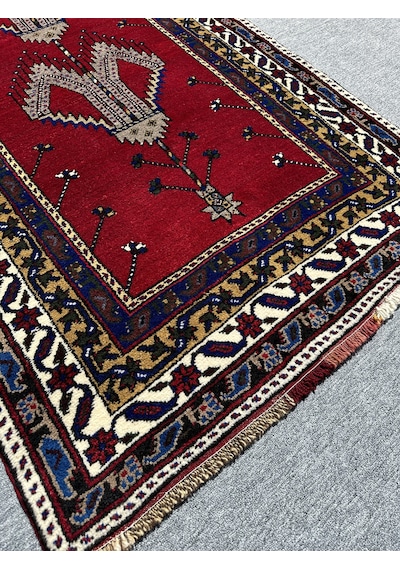 El Dokuma Taşpınar Halısı Seccade 108x210 Kök Boya Yün Namazlık Kırmızı
