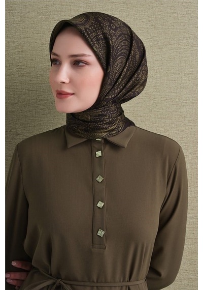 Armine Sura Saf İpek Eşarp 9640 51 Haki Kahverengi Etnik Desen